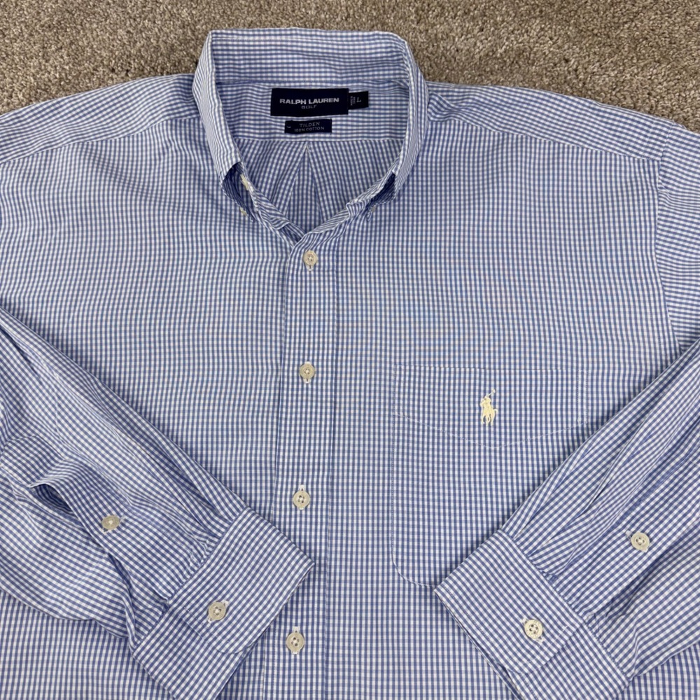 Ralph Lauren Golf Tilde Shirt Mens L Blue White Gingham Check Button Down Cotton